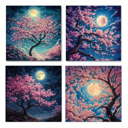 4pcs Moonlight Cherry Blossom MCB   Wall Art Canvas Framed