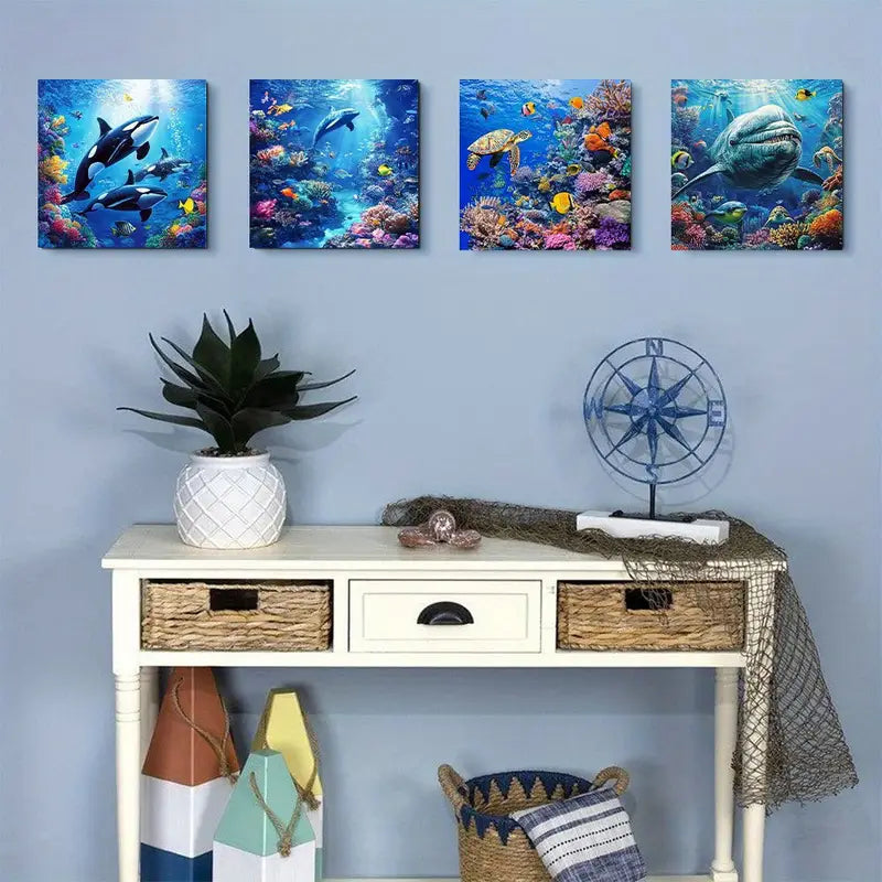 4pcs  Blue ocean turtle dolphin whale fish Wall Art Canvas Framed