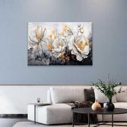 Black Golden Touched White Flowers Wall Art Decor 100% Australian Made