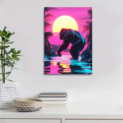 Vibrant Neon Gorilla Sunset Scene Catching Pink & Blue 40x60cm Metal Print Ready to Hang
