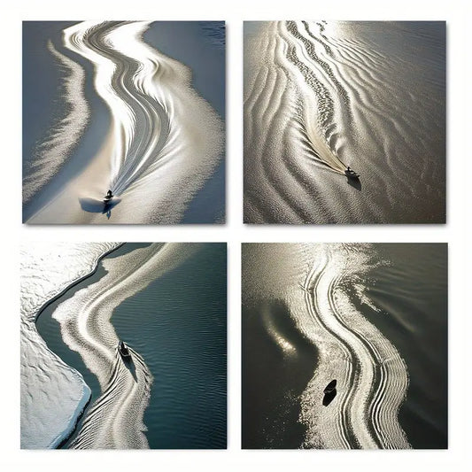 4pcs  Serene Boat & Waves Theme Wall Art Canvas Framed