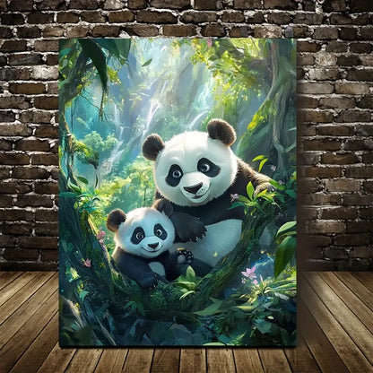 Cartoon Pandas in Magical Forest with Cinematic 40x60cm Metal Print Ready to Hang