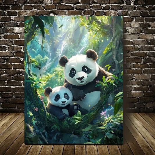 Cartoon Pandas in Magical Forest with Cinematic 40x60cm Metal Print Ready to Hang