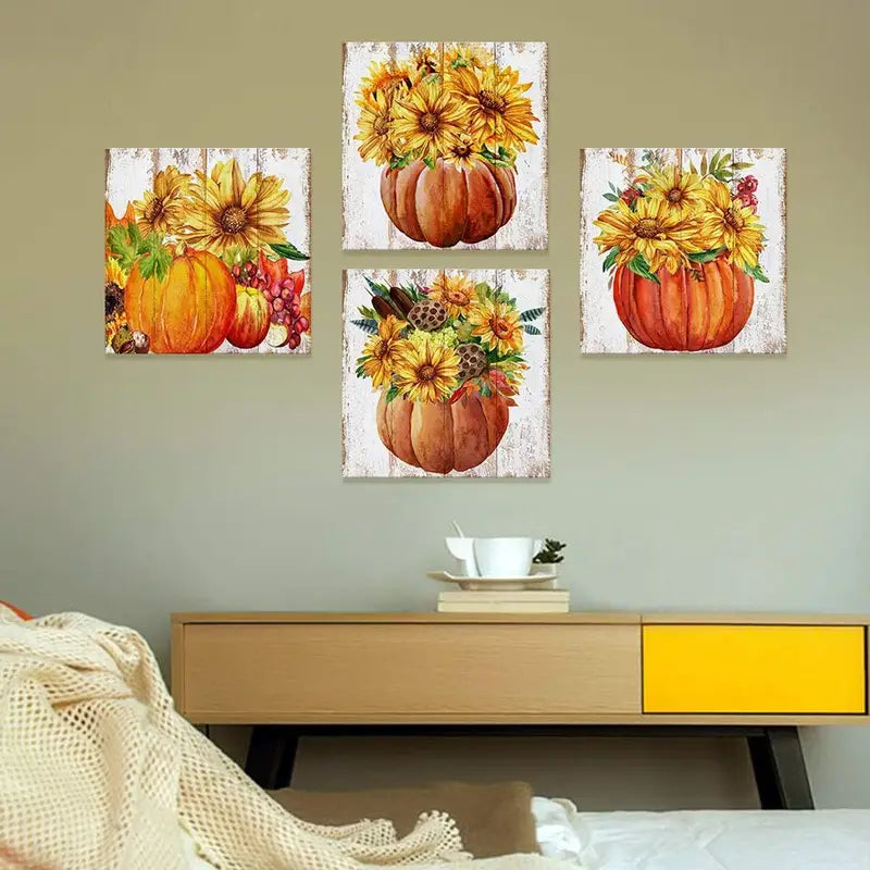 4pcs Colorful Pumpkin Sunflower Wall Art Canvas Framed