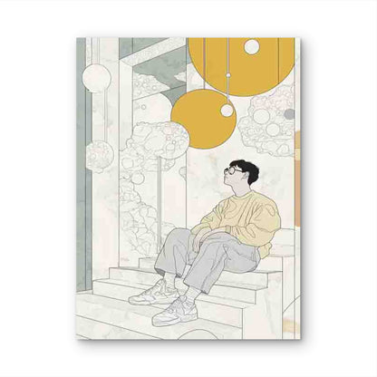 Young Man in Thought on Steps 40x60cm Metal Print Ready to Hang