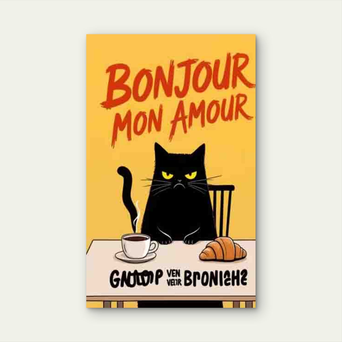 Black Cat Coffee and Croissant Bonjour Mon Amour Metal Print Ready to Hang