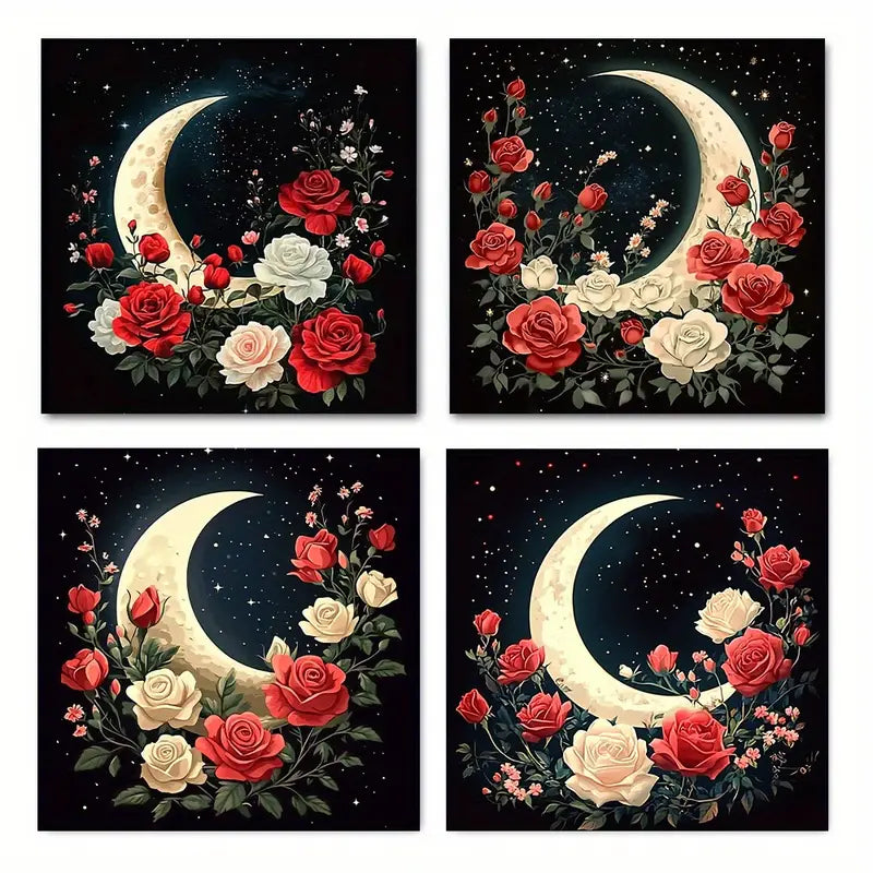 4pcs  Moon and Roses MR  Wall Art Canvas Framed