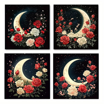 4pcs  Moon and Roses MR  Wall Art Canvas Framed