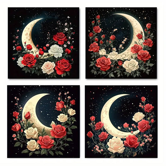 4pcs  Moon and Roses MR  Wall Art Canvas Framed