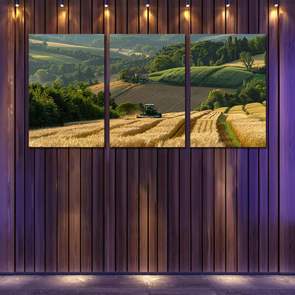 3pcs Golden Valley Harvest Scene with Tractor & Rolling Fields Wall Art Set Canvas Framed 40x60cm - High Quality Print 100% Australian Made Wall Canvas Ready to Hang