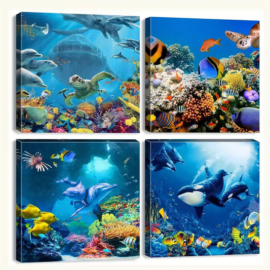 4pcs Sea Dolphin Picture Wall Art Canvas Framed