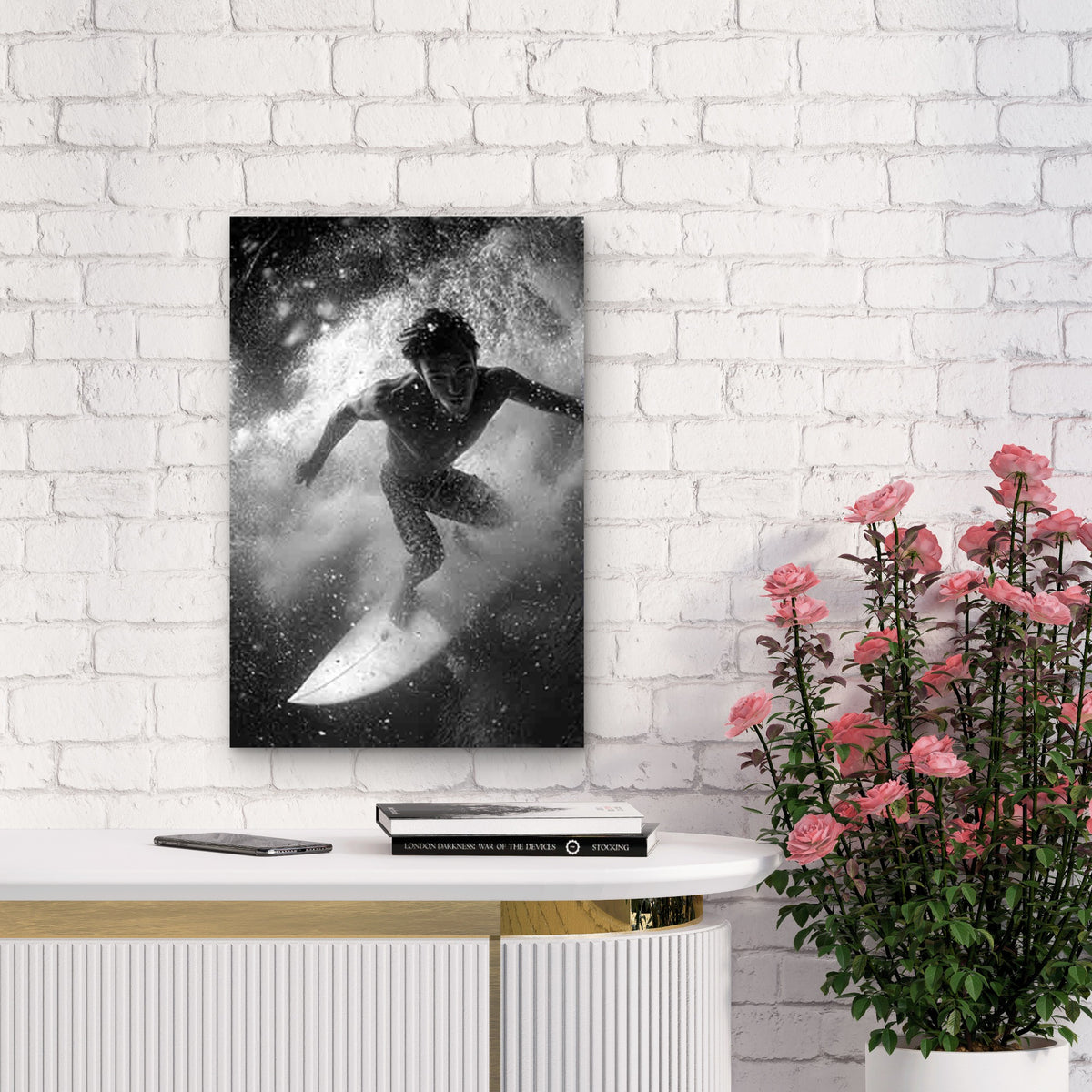 Black & White Dynamic Surfer Wave Photo 60x90cm Metal Print Ready to Hang