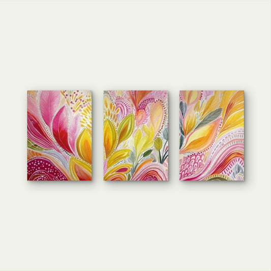 3pcs Yellow Pink Abstract Botanical Pattern Wall Art Set Canvas Framed 40x60cm - High Quality Print 100% Australian Made Wall Canvas Ready to Hang