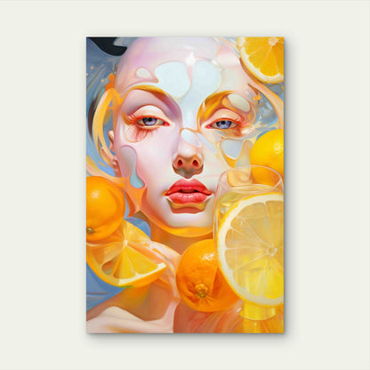 Female Face with Vibrant Orange and Yellow Tones 60x90cm Metal Print Ready to Hang