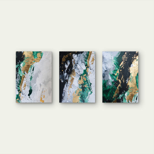3pcs Modern Green Gold Foil Fluid Paint Wall Art Set Canvas Framed 50x70cm - High Quality Print 100% Australian Made Wall Canvas Ready to Hang