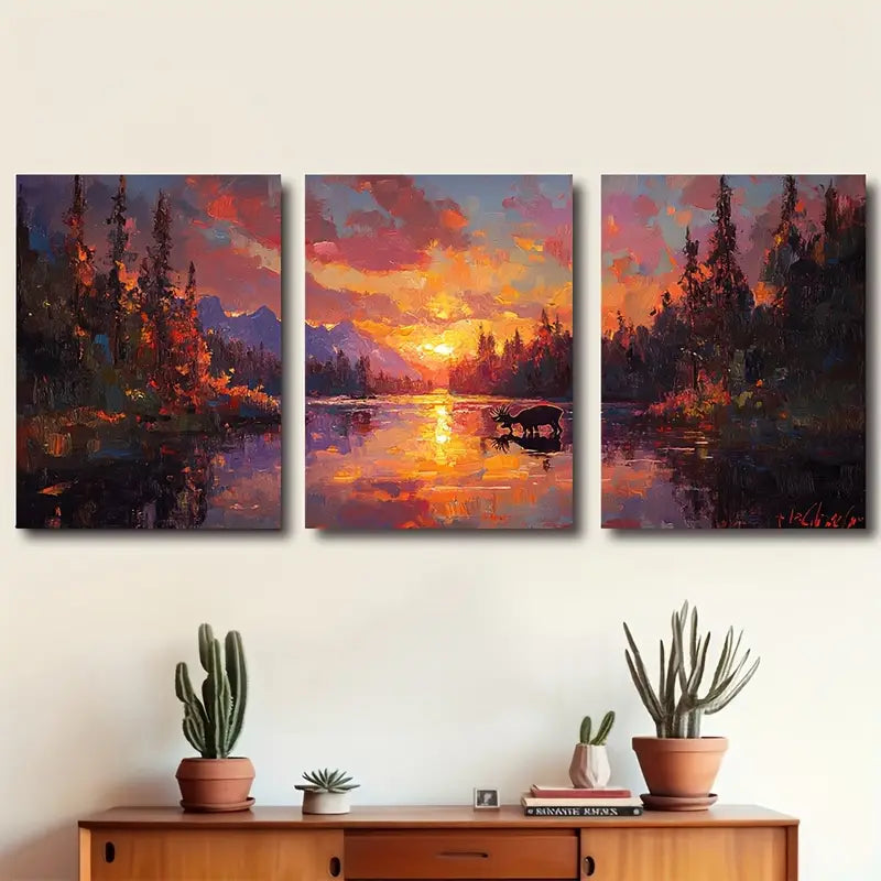 3pcs Canadian Wilderness Sunset Lake Scene Wall Art Set Canvas Framed 60x90cm - High Quality Print 100% Australian Made Wall Canvas Ready to Hang