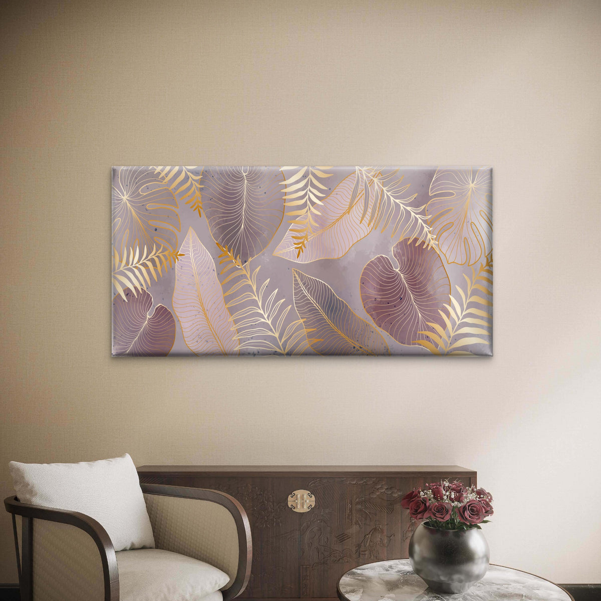 Metallic Foil Leaves Shine Wall Art Canvas Office Home Room Framed 120x60cm