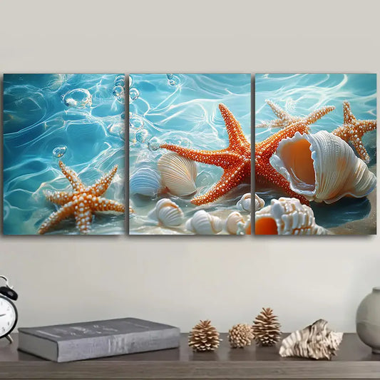 3pcs Chic Sea Shells & Starfish Metal Print Ready to Hang Art - Bella Home Decor