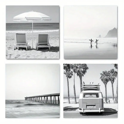 4pcs Coastal Beach, Retro Car, Palm Trees & Pier Wall Art Canvas Framed
