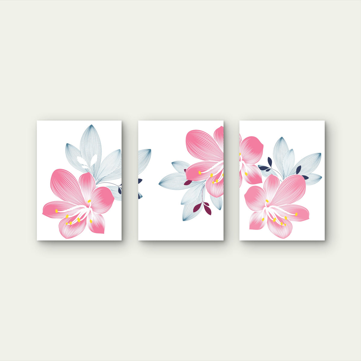 3pcs Pink Lily Flower Blue Botanical Leaf Wall Art Set Canvas Framed 60x90cm - High Quality Print 100% Australian Made Wall Canvas Ready to Hang