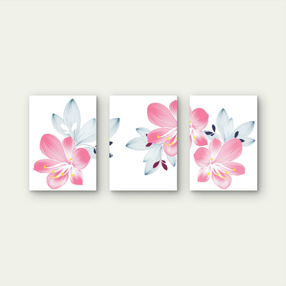 3pcs Pink Lily Flower Blue Botanical Leaf Wall Art Set Canvas Framed 60x90cm - High Quality Print 100% Australian Made Wall Canvas Ready to Hang