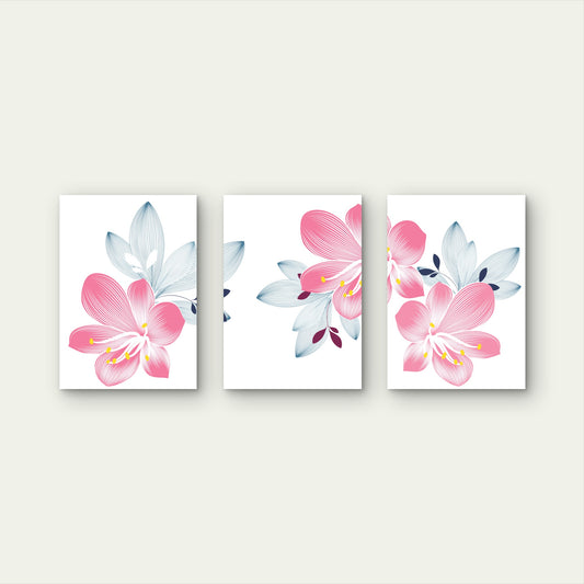 3pcs Pink Lily Flower Blue Botanical Leaf Metal Print Ready to Hang Art