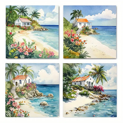 4pcs Beach House And Flower Picture Wall Art Canvas Framed