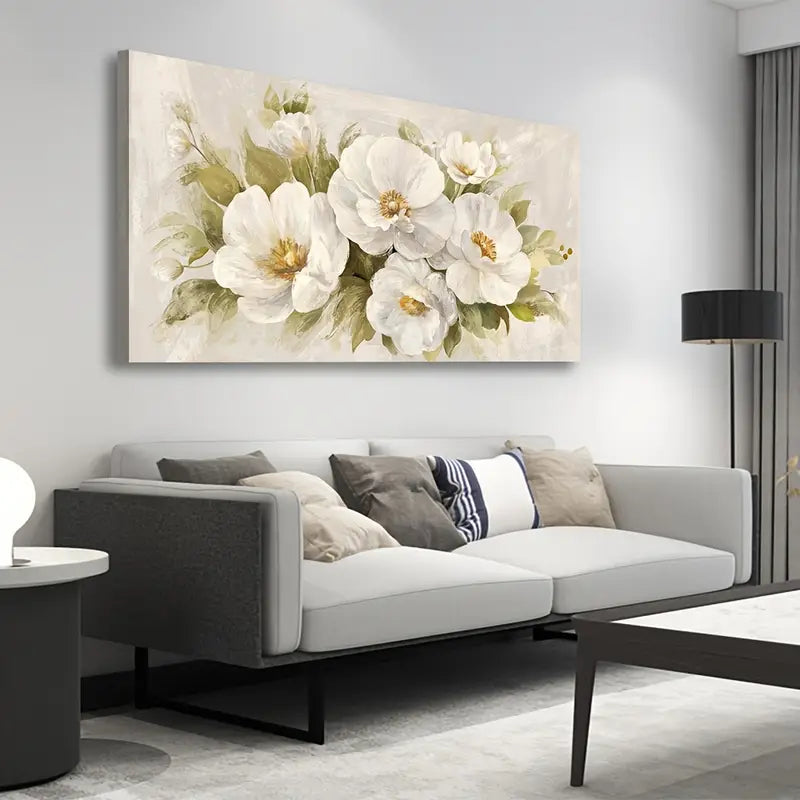 Elegant Beige Floral White Flowers & Green Foliage Wall Art canvas office home room framed 120x60cm