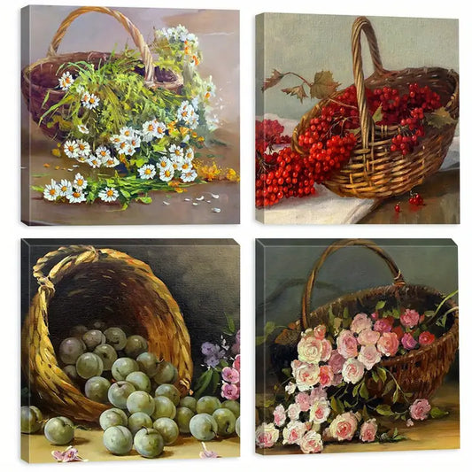 4pcs Willow Basket Red Berries, Green Plum Wall Art Canvas Framed