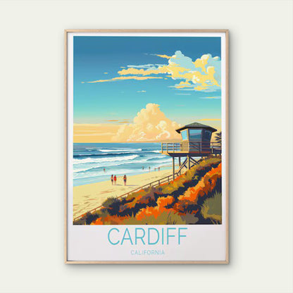 Cardiff California, Beach and Blue Sky Travel Poster Print Wall Art