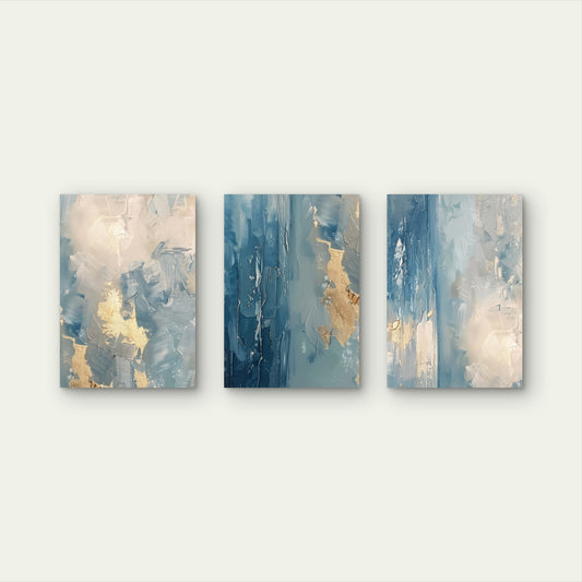 3pcs Light Blue Gold Abstract Oil Painting Wall Art Set Canvas Framed 50x70cm - High Quality Print 100% Australian Made Wall Canvas Ready to Hang