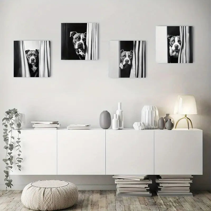 4pcs Dog Peeking Out Of Shower Curtain Wall Art Canvas Framed