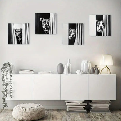 4pcs Dog Peeking Out Of Shower Curtain Wall Art Canvas Framed