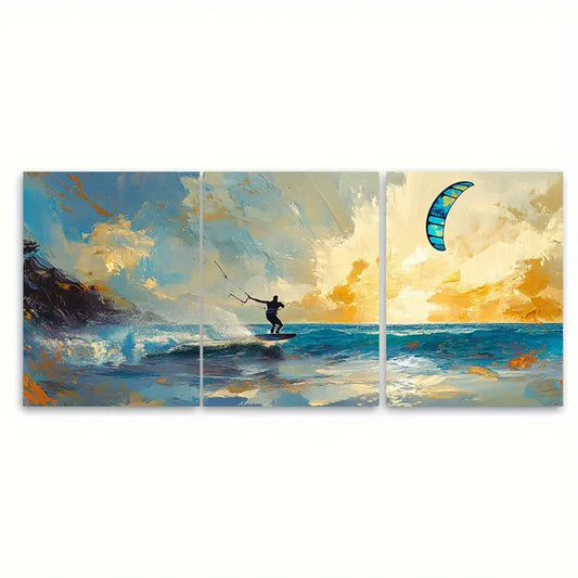3pcs Kitesurfing Ocean Adventure Poster Wall Art Set Canvas Framed 60x90cm - High Quality Print 100% Australian Made Wall Canvas Ready to Hang