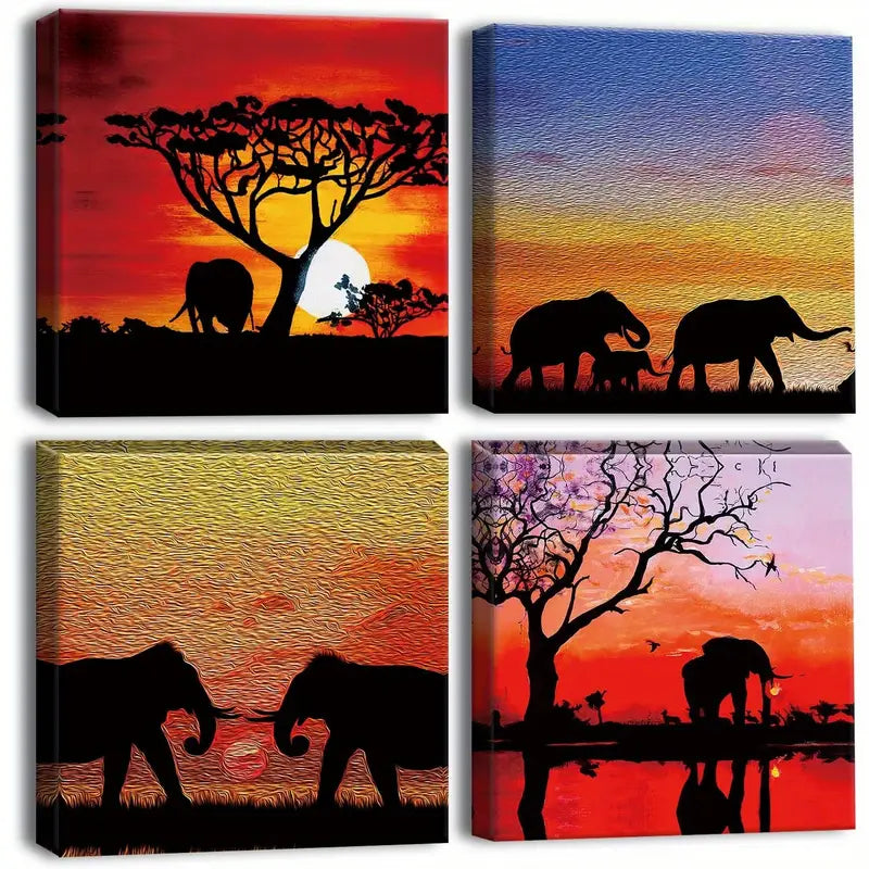 4pcs African Elephant Sunset Wall Art Canvas Framed