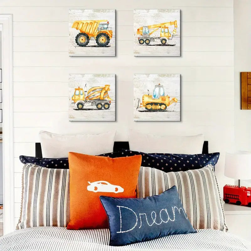 4pcs Truck, Tractor, Digger & Excavator Designs Wall Art Canvas Framed