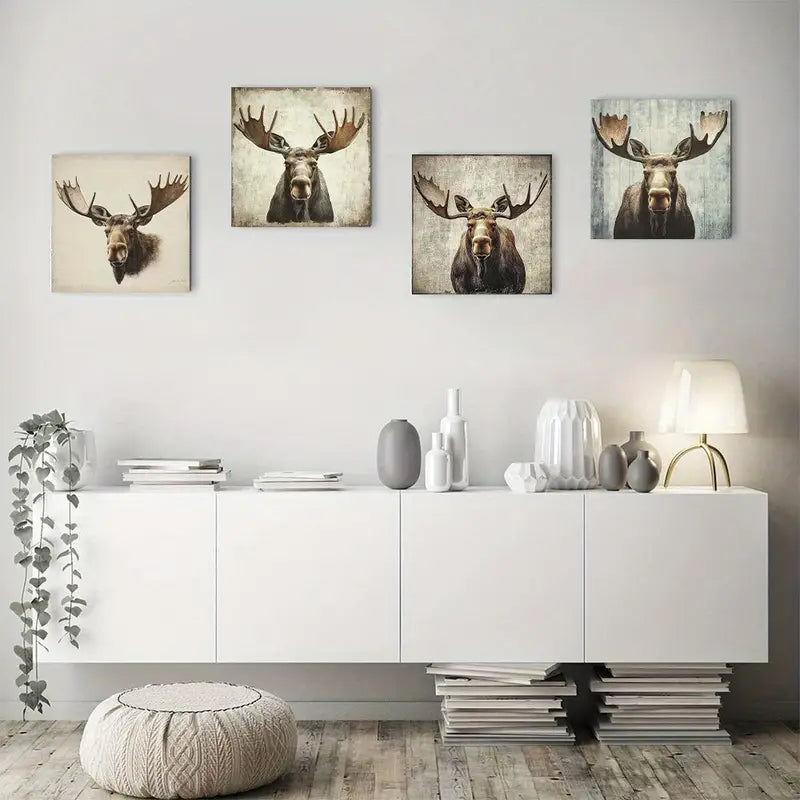 4pcs Painting Elk Print Wall Art Canvas Framed