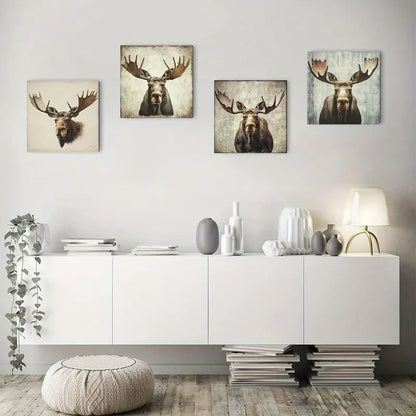 4pcs Painting Elk Print Wall Art Canvas Framed