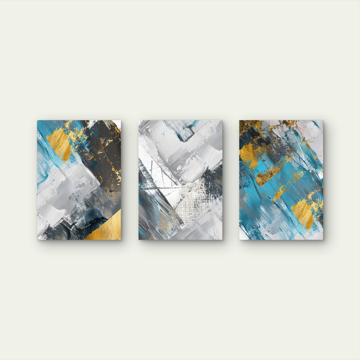 3pcs Blue Grey Gold Textured Abstract Brush Wall Art Set Canvas Framed 60x90cm - High Quality Print 100% Australian Made Wall Canvas Ready to Hang