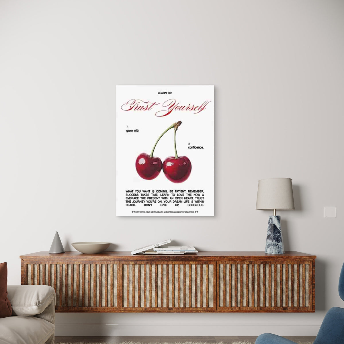 Two Cherries with Learn to Trust Yourself Metal Print Ready to Hang
