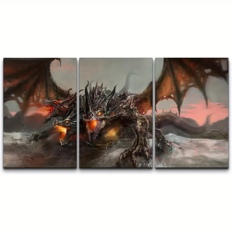 3pcs Mystic Magic Fire Breathing Dragon Fantasy Metal Print Ready to Hang Art