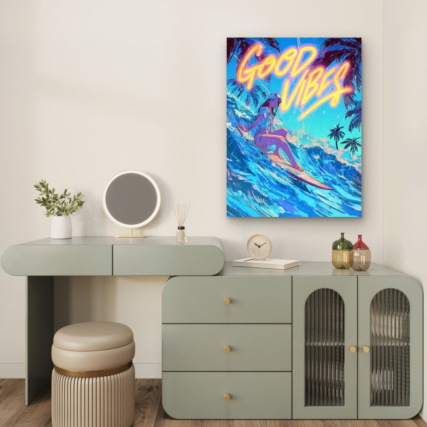 Good Vibes Only Surfing Woman & Tropical Palm Trees 60x90cm Metal Print Ready to Hang
