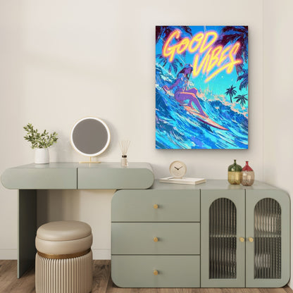 Good Vibes Only Surfing Woman & Tropical Palm Trees 60x90cm Metal Print Ready to Hang