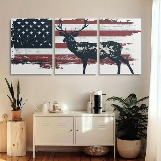 3pcs Deer with Vibrant American Flag Design Metal Print Ready to Hang Art