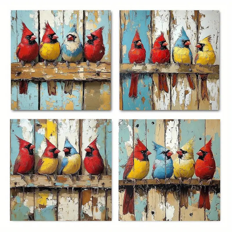 4pcs  Vibrant Cardinal BirdsWall Art Canvas Framed