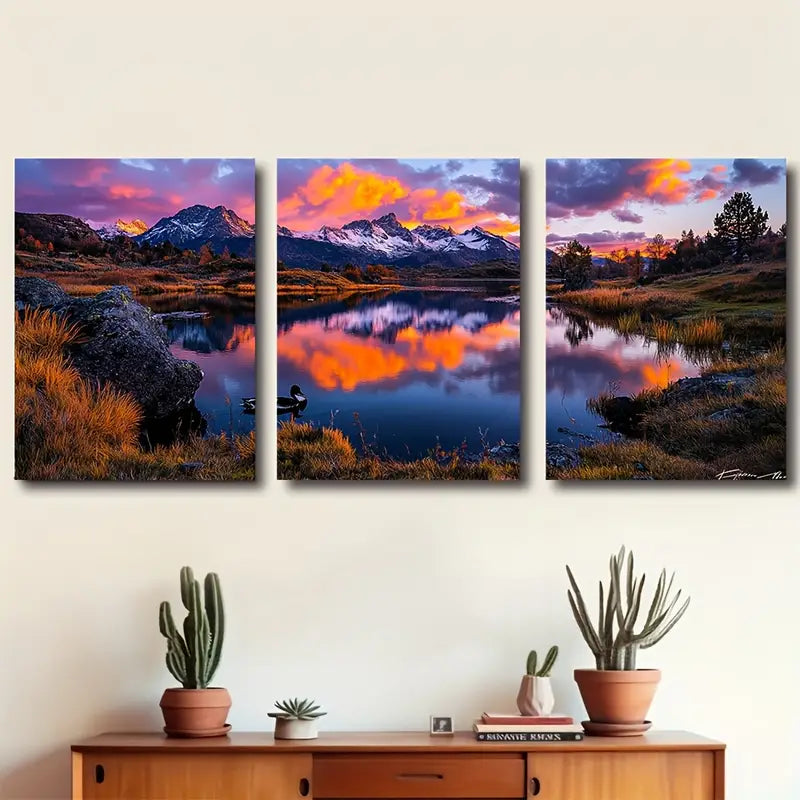 3pcs Mountain Lake Dawn Reflection Wall Art Set Canvas Framed 60x90cm - High Quality Print 100% Australian Made Wall Canvas Ready to Hang