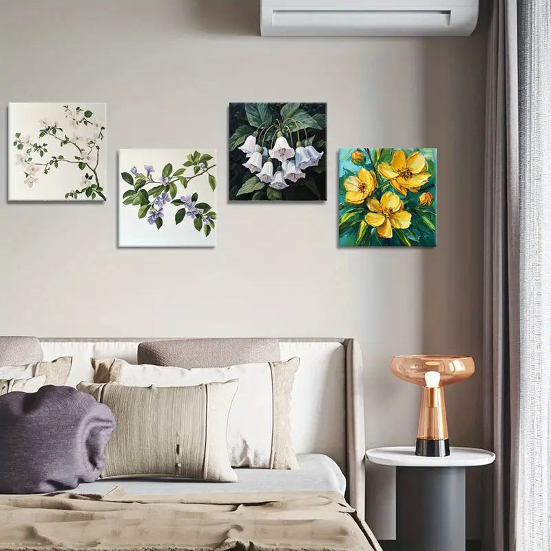 4pcs Elegant White, Purple, Yellow & Green Flower Painting Wall Art Canvas Framed