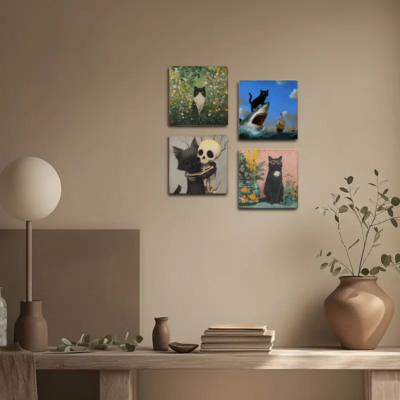 4pcs Cute Cat Decoration Orange Cat Ornament Wall Art Canvas Framed