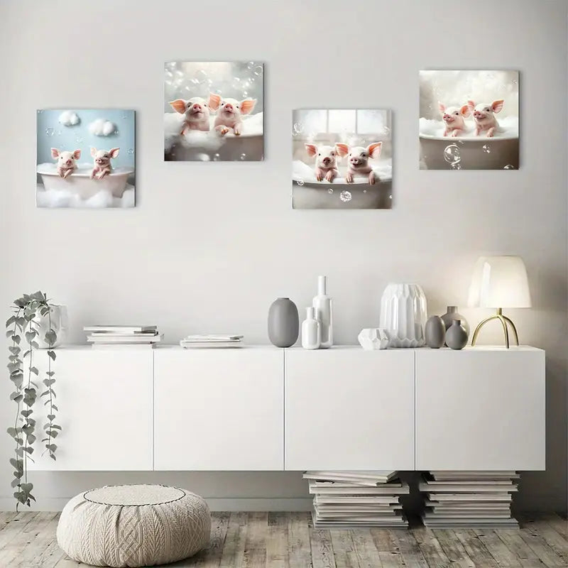 4pcs Cute Picture Of A Pig In A Bathtu Wall Art Canvas Framed