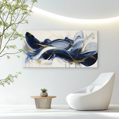 Deep Blue Golden Current Wall Art Canvas Office Home Room Framed 120x60cm